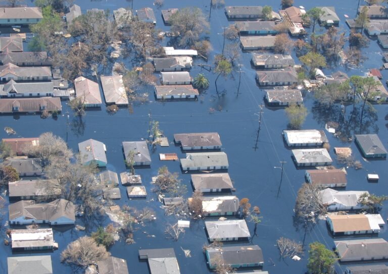 Flooded neighborhoods in New Orleans after levee failures during Hurricane Katrina, September 2005