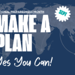 Text graphic with a blue world map background reading: “National Preparedness Month – Make a Plan – Yes You Can!” with the Extreme Weather Prep™ logo.